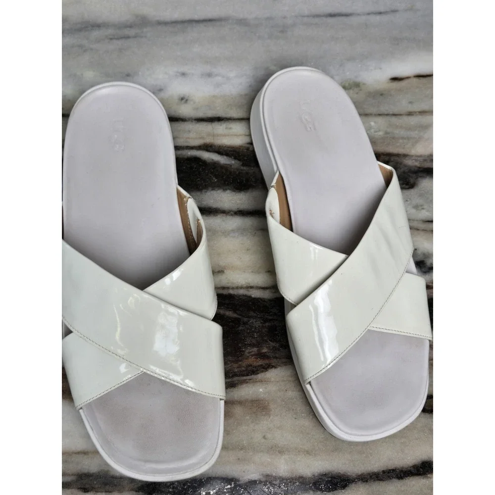UGG Emily white leather criss cross‎ platform slide sandals 10 Beach Minimalist